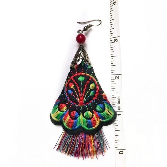 Beautiful Floral Boho Embroidered Tassel Earrings - Picture 2 of 8